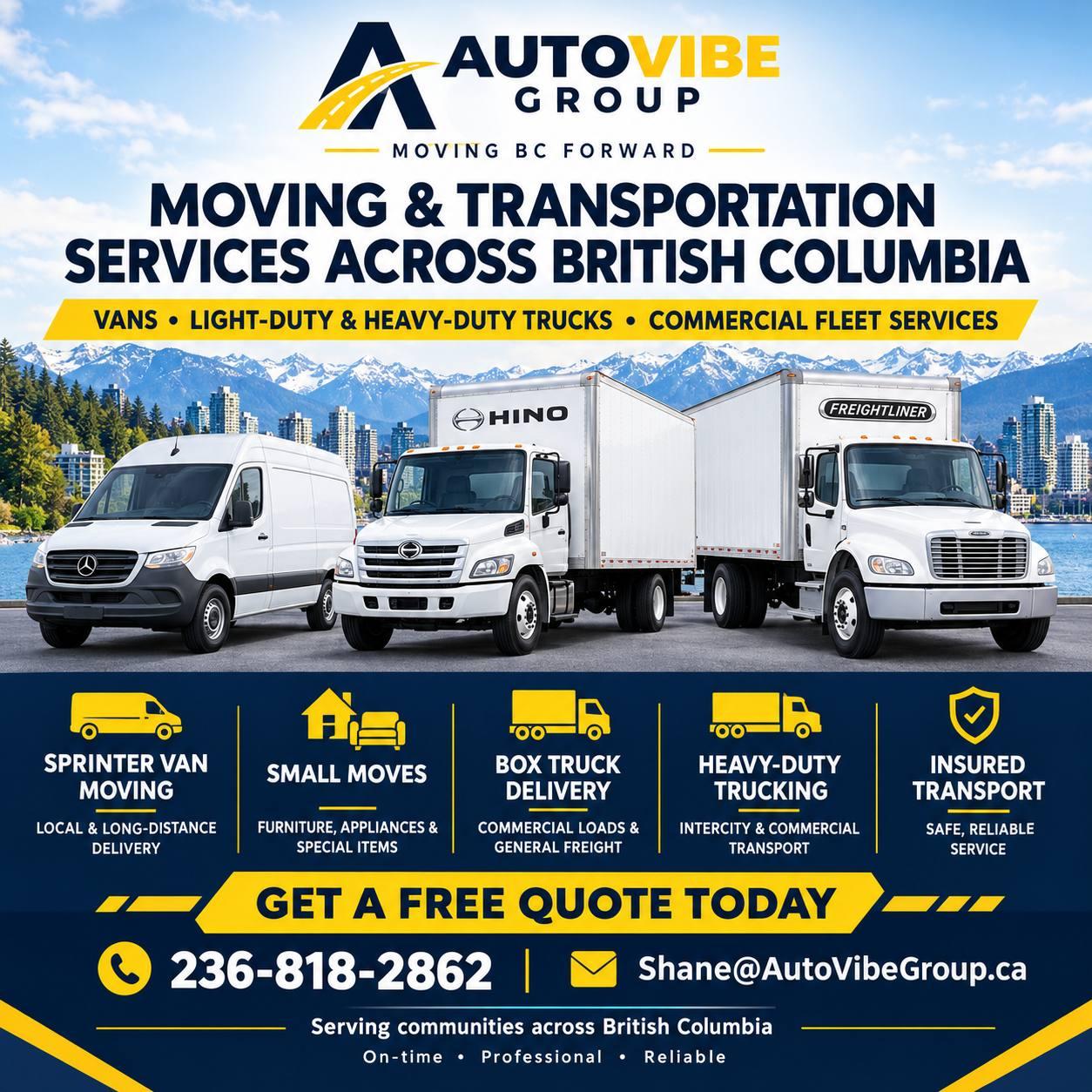 AutoVibe Group transportation advertisement showing a cargo van, light-duty box truck and heavy-duty truck in British Columbia
